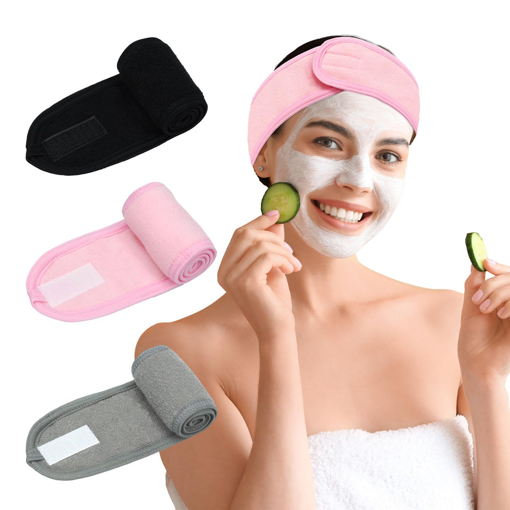 Pejnl 3 Pack Facial Spa Headband for Women - Adjustable Non-Slip Terry Cloth Headband for Washing Face Makeup and Shower - Soft and Stretchable Hair Wrap
