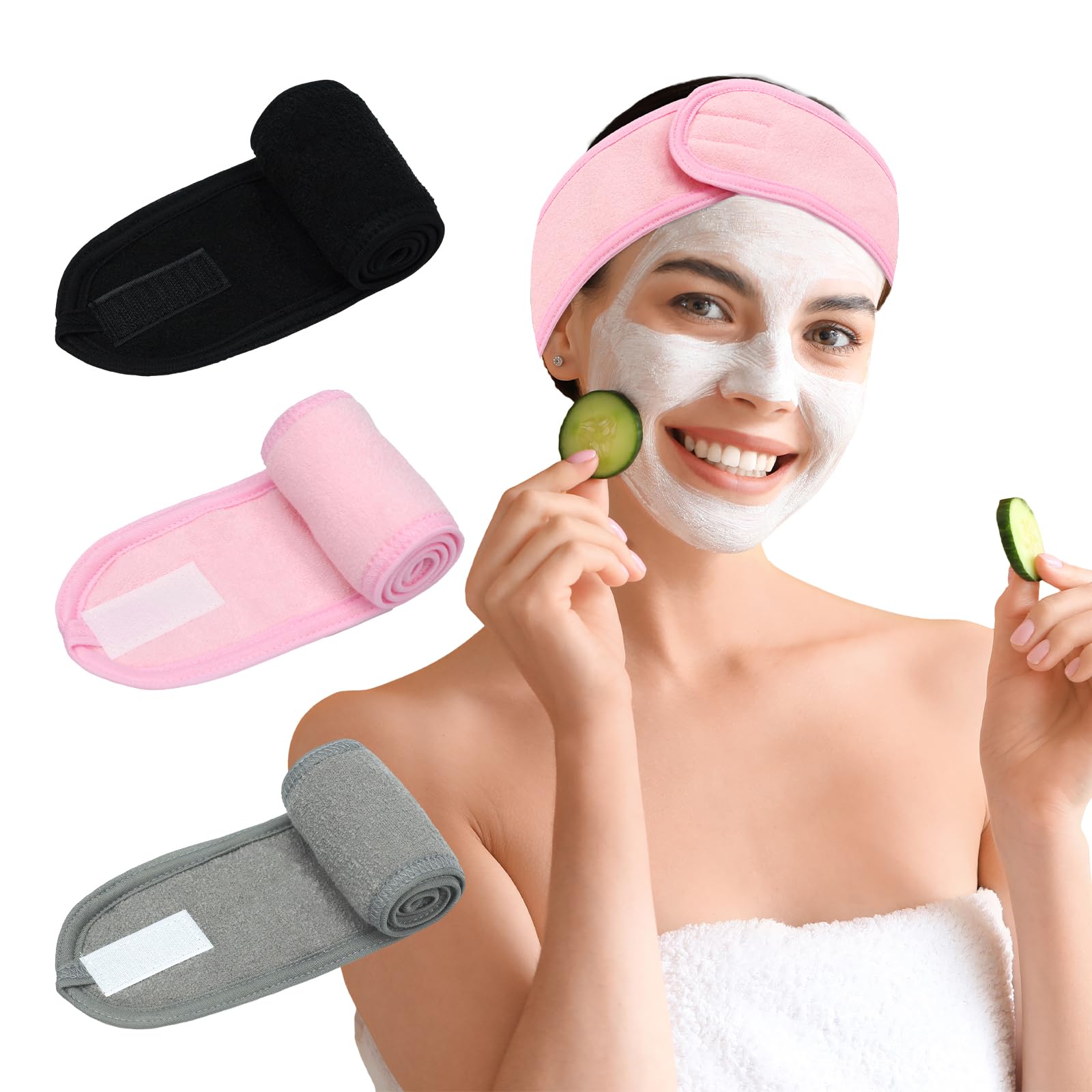 Pejnl 3 Pack Facial Spa Headband for Women - Adjustable Non-Slip Terry Cloth Headband for Washing Face Makeup and Shower - Soft and Stretchable Hair Wrap